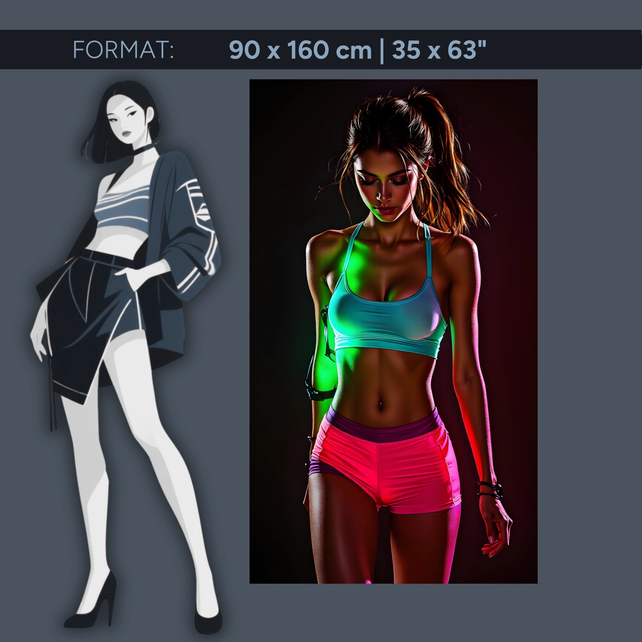 Œuvre d'art fitness néon sur verre acrylique – femme sportive dans un design lumineux moderne